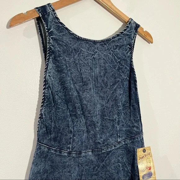 Judy Blue Vintage A-Line Skater Dress In Dark Blue Acid Wash Open Back Size L - Picture 3 of 10